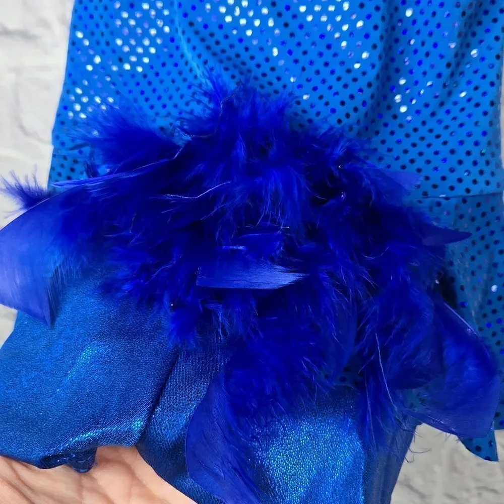 Girls Blue Sequin Ruffle Biketard Sleeveless Leotard Dance Costume Small Feather
